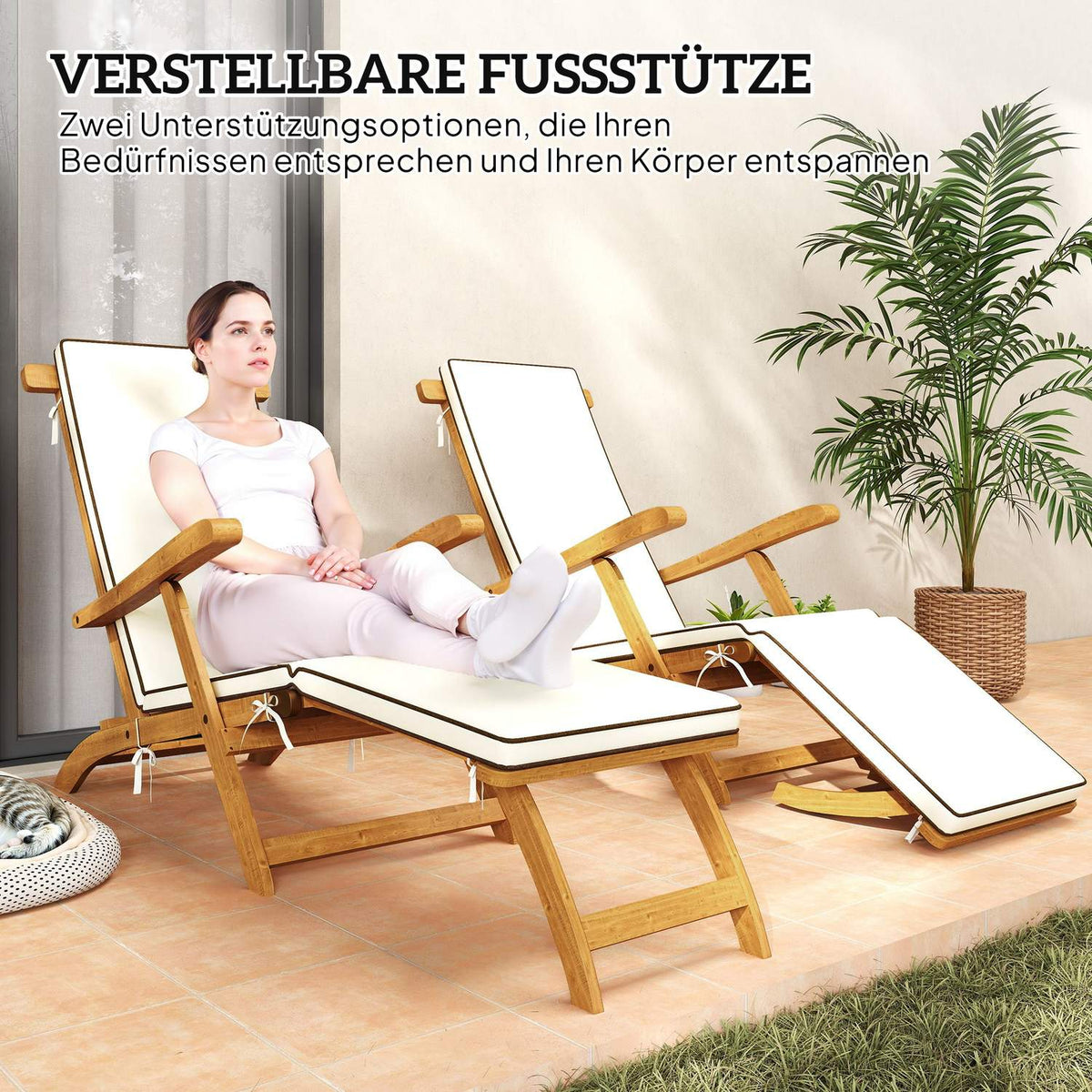 Sun lounger wooden folding garden lounger with footrest, mattress, deck chair up to 160 kg load capacity teak