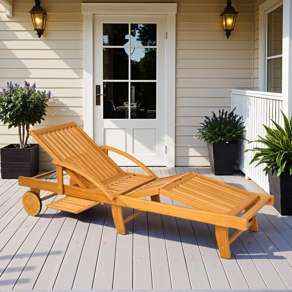 Sun lounger wooden folding garden lounger with side table, roller, 4-way adjustable backrest teak