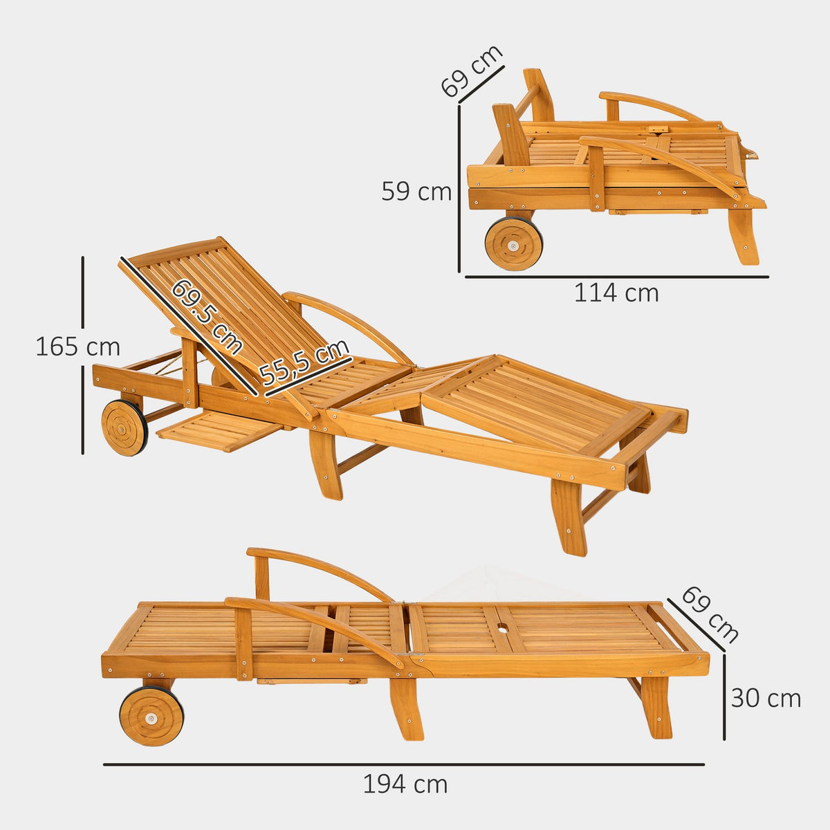 Sun lounger wooden folding garden lounger with side table, roller, 4-way adjustable backrest teak