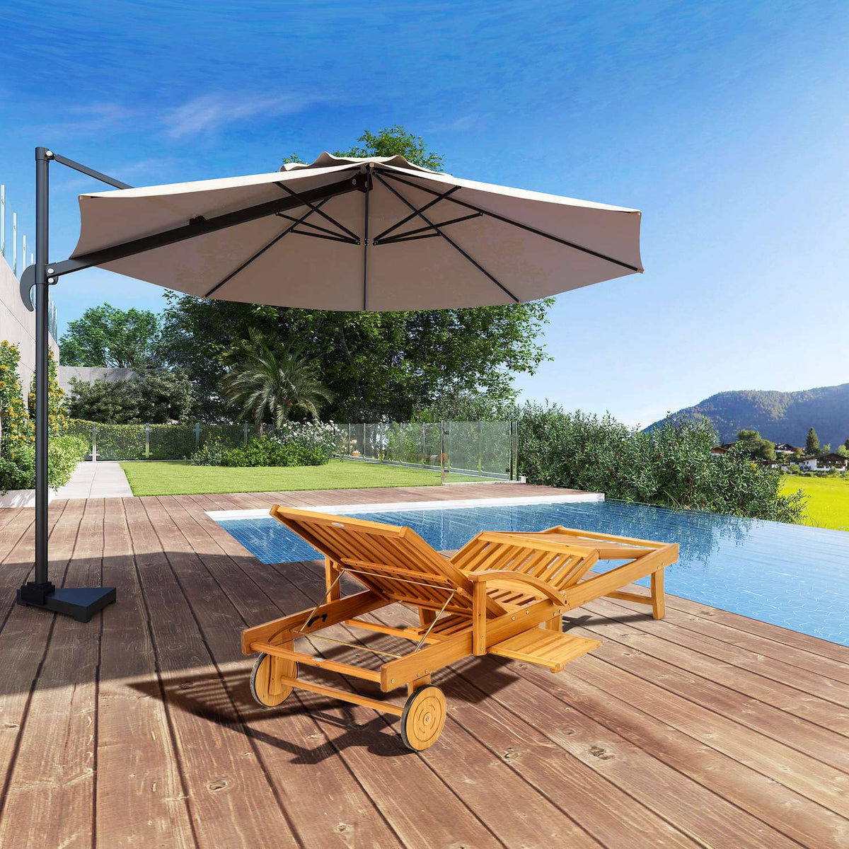 Sun lounger wooden folding garden lounger with side table, roller, 4-way adjustable backrest teak