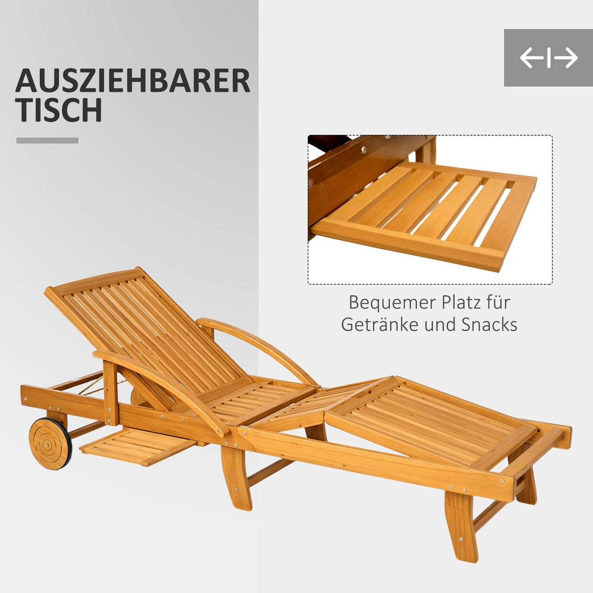 Sun lounger wooden folding garden lounger with side table, roller, 4-way adjustable backrest teak