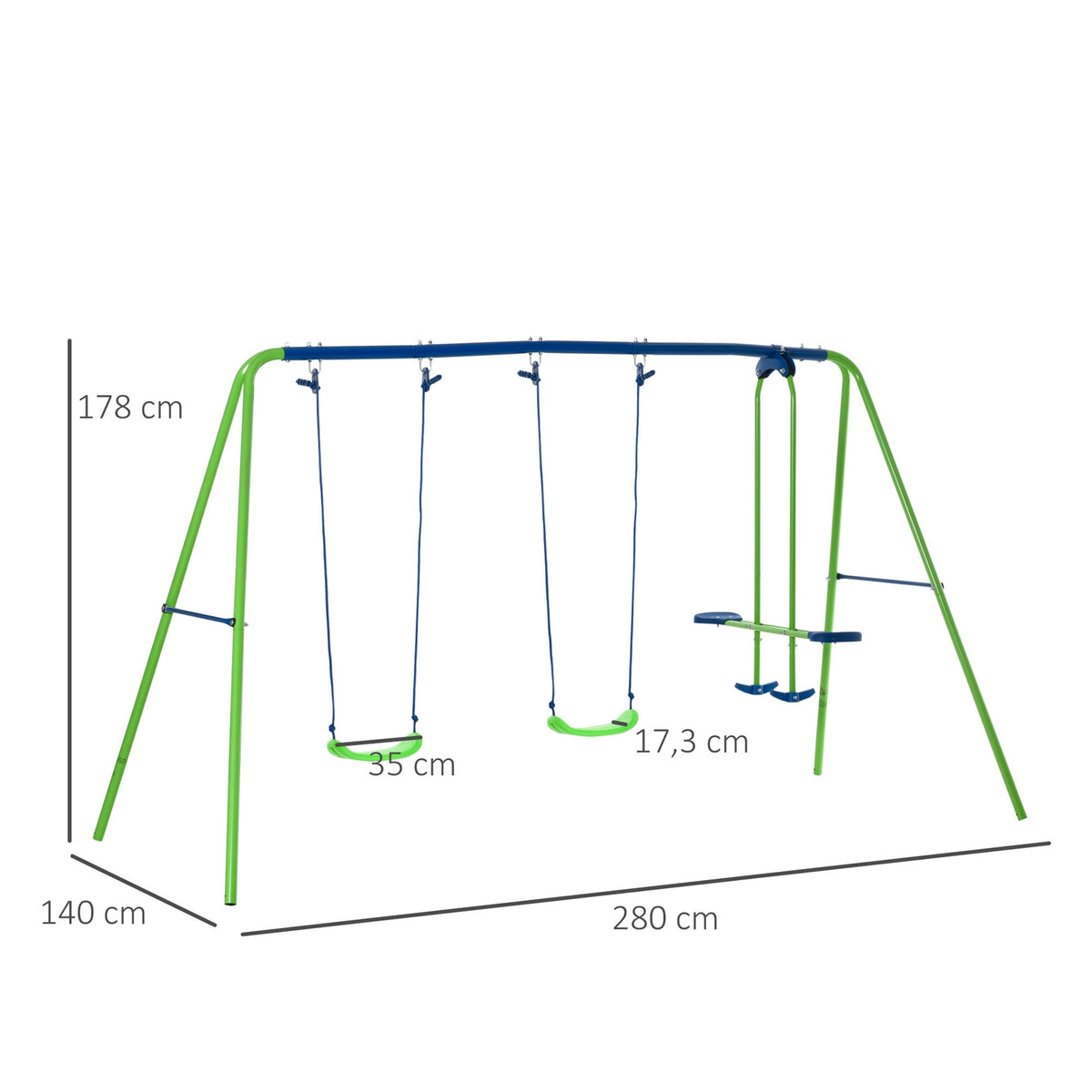 Swing 3 swing devices with 2 swings and face to face dim. 2.8L x 1.4W x 1.78H m Epoxy Metal Corrosion Protection PE Green Blue |