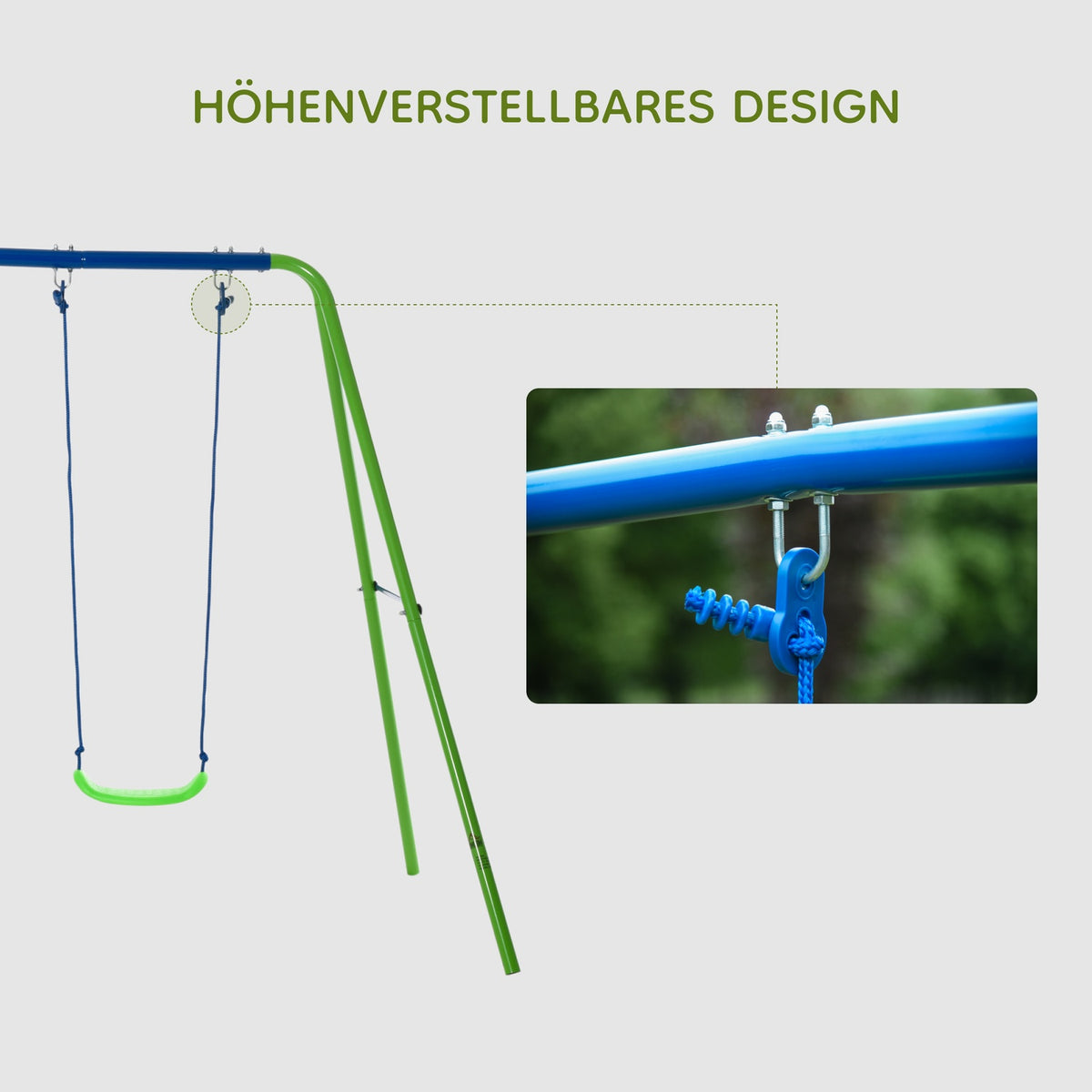Swing 3 swing devices with 2 swings and face to face dim. 2.8L x 1.4W x 1.78H m Epoxy Metal Corrosion Protection PE Green Blue |