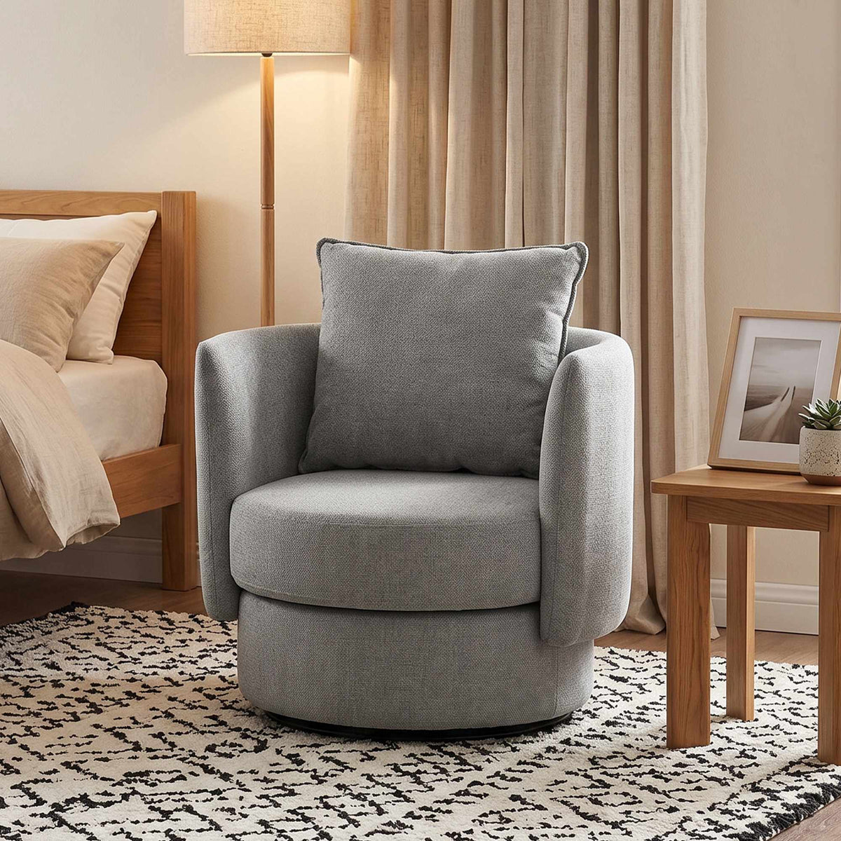 Swivel Accent Chair, 360 Base, Linen-Style, Light Gray