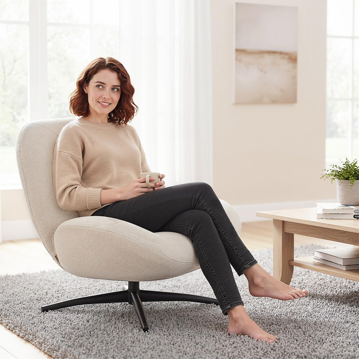 Swivel Accent Chair, Cream White, Chenille Fabric, Steel Base
