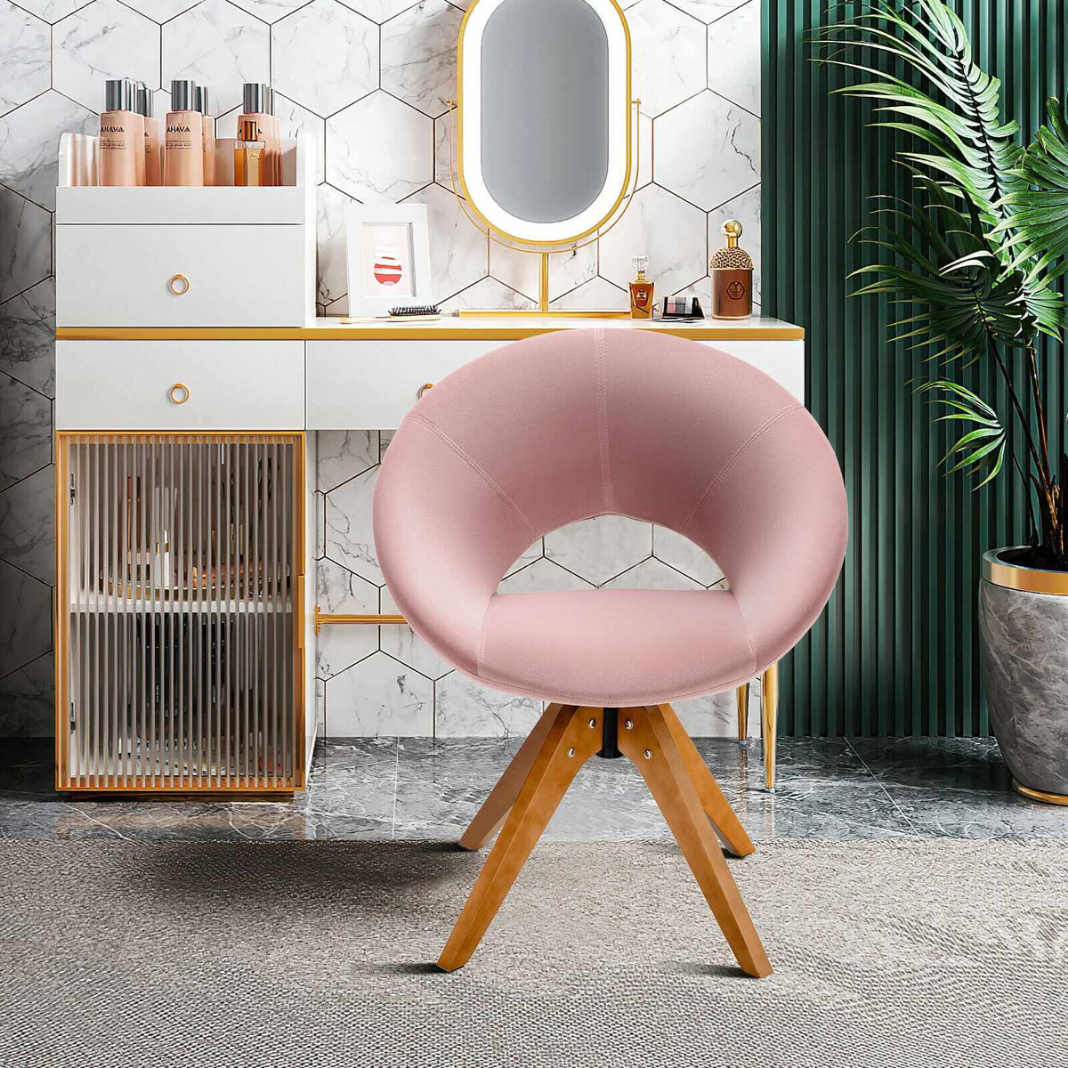 Swivel Accent Chair – Mid-Century Velvet, Oversized Seat, Pink