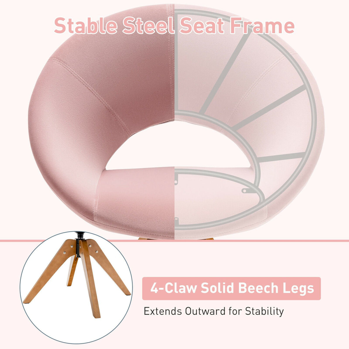 Swivel Accent Chair – Mid-Century Velvet, Oversized Seat, Pink