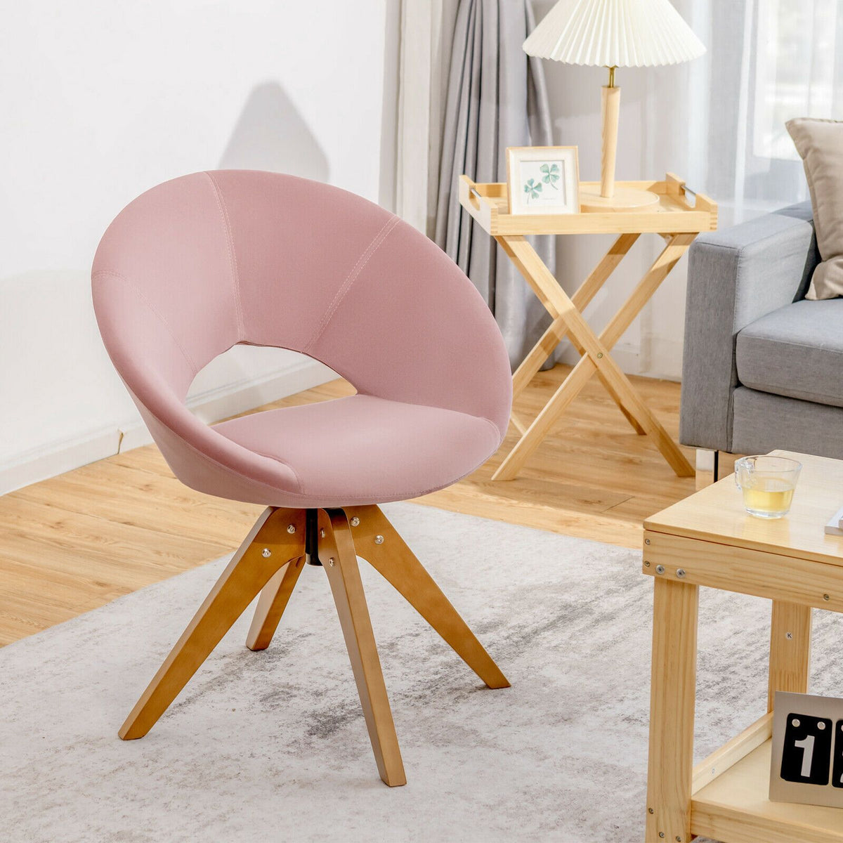 Swivel Accent Chair – Mid-Century Velvet, Oversized Seat, Pink