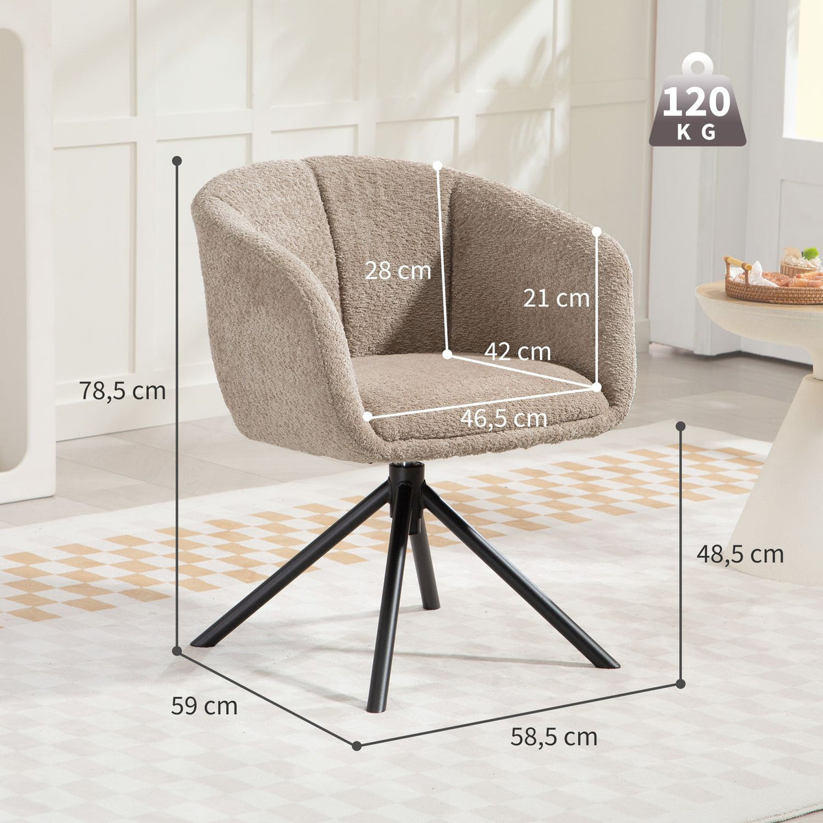 Swivel Armchair, Cozy Upholstery, Light Brown, 120kg Capacity