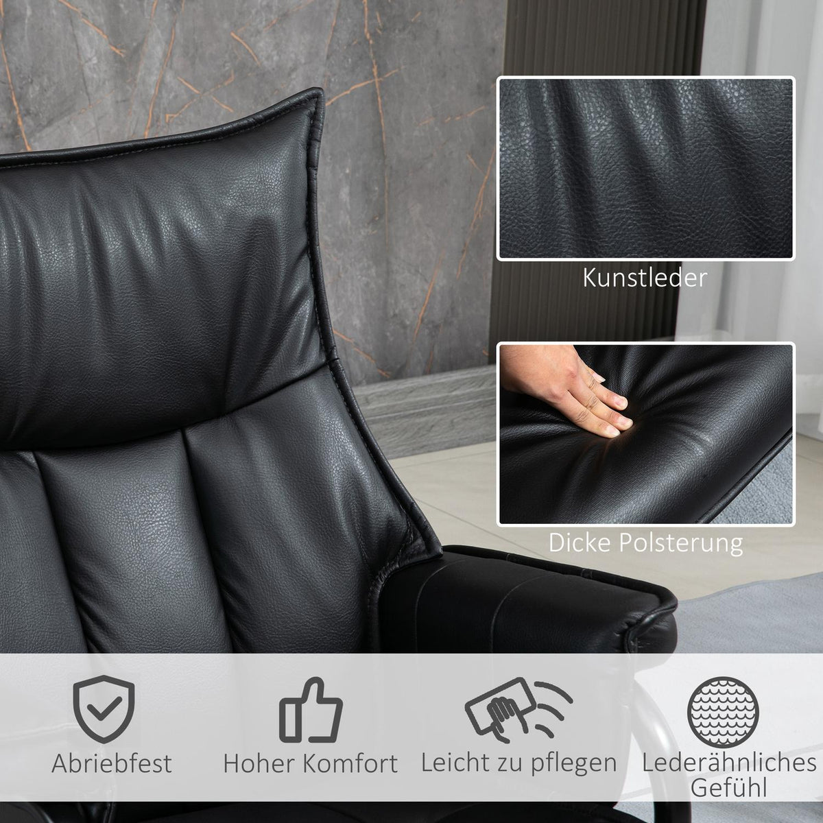 Swivel Armchair With Reclining Function, Tv Armchair, Relaxation Armchair With Stool, Tilting Backrest, Faux Leather, Steel, Black