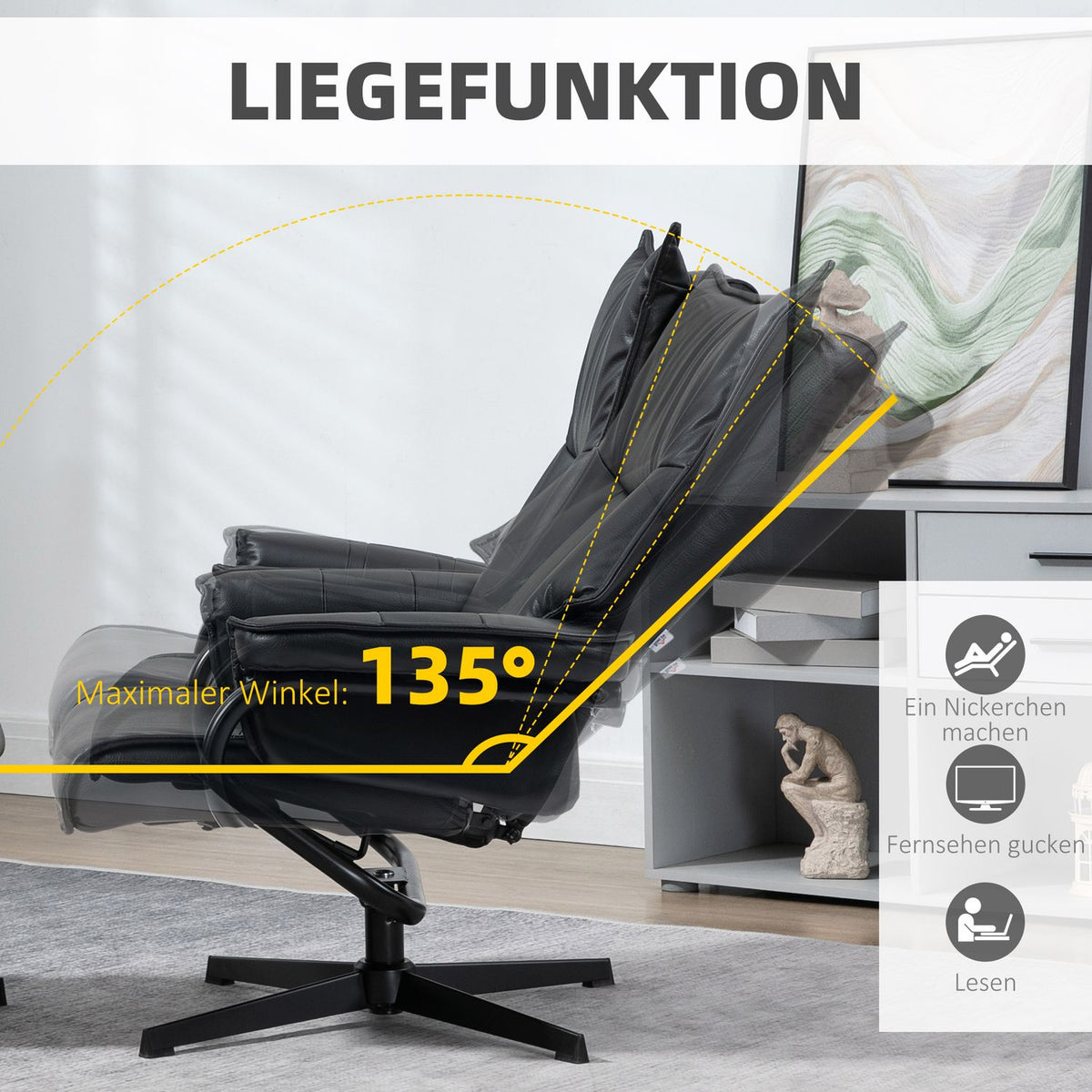 Swivel Armchair With Reclining Function, Tv Armchair, Relaxation Armchair With Stool, Tilting Backrest, Faux Leather, Steel, Black