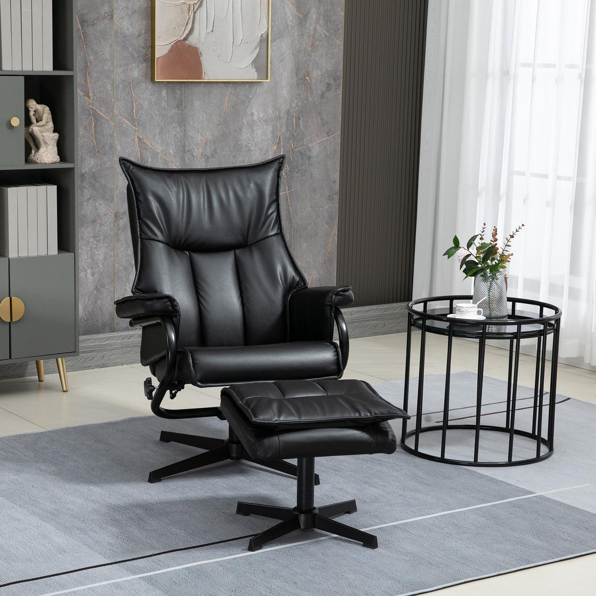 Swivel Armchair With Reclining Function, Tv Armchair, Relaxation Armchair With Stool, Tilting Backrest, Faux Leather, Steel, Black