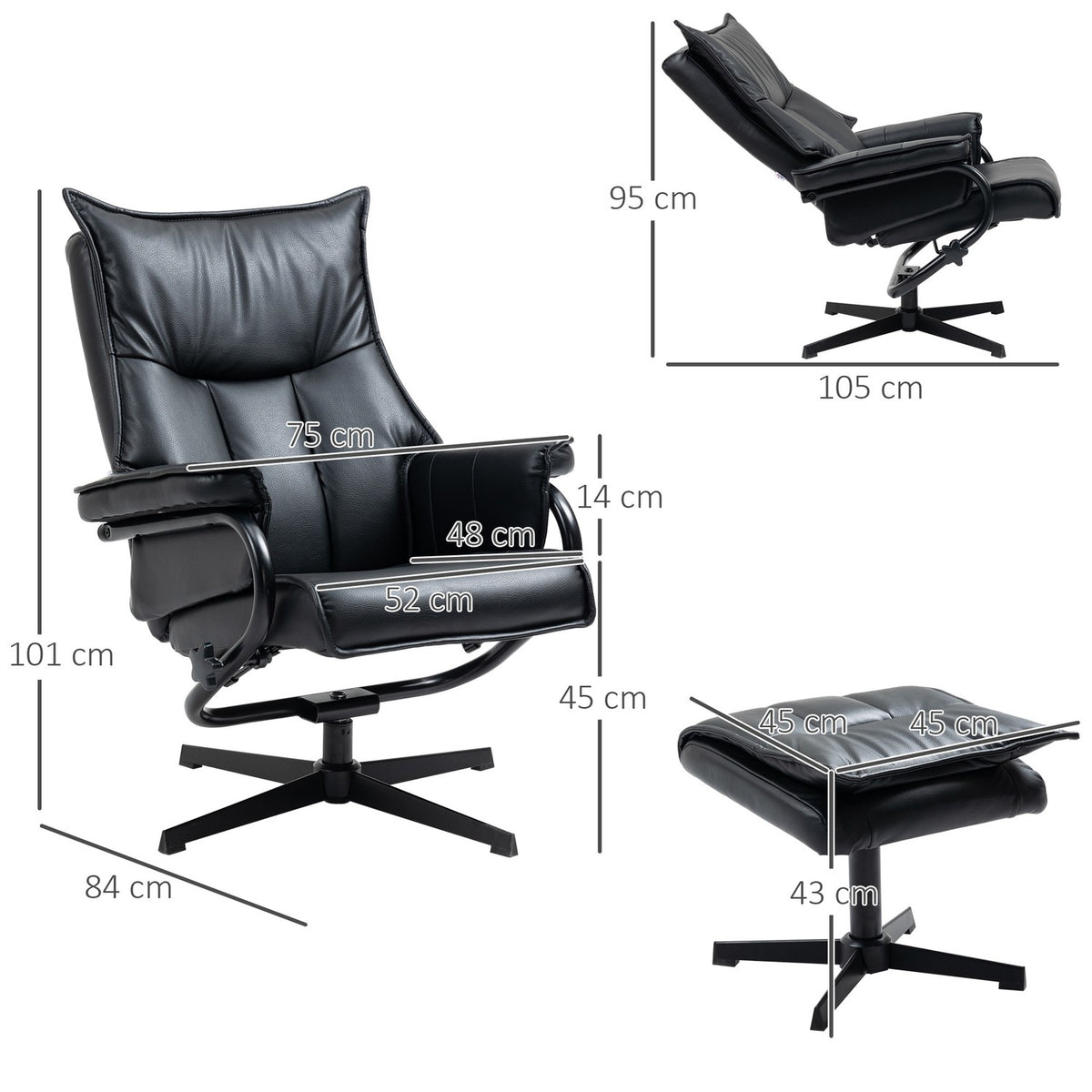 Swivel Armchair With Reclining Function, Tv Armchair, Relaxation Armchair With Stool, Tilting Backrest, Faux Leather, Steel, Black