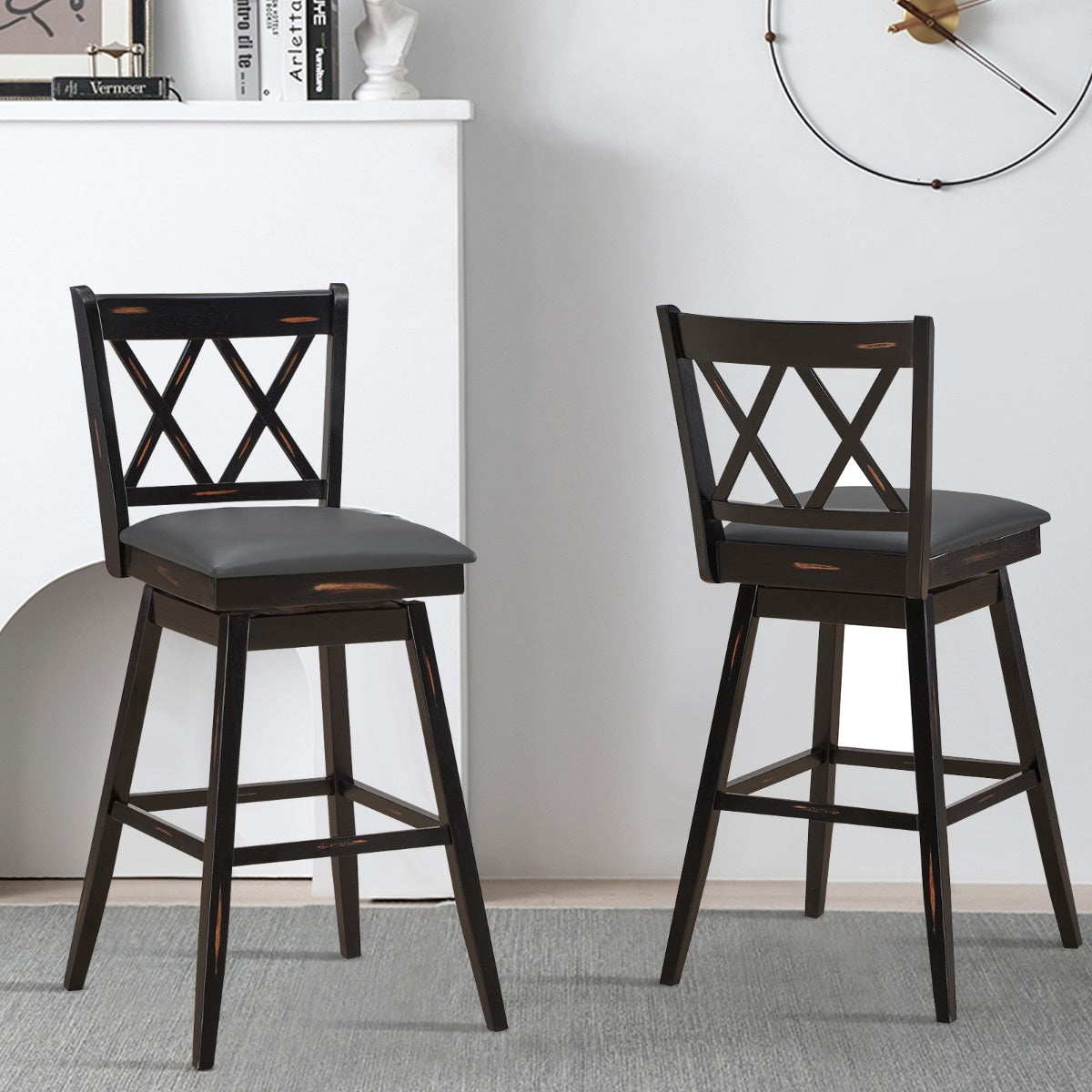 Swivel Bar Stools Set Of 2, Rubberwood, PVC Seat