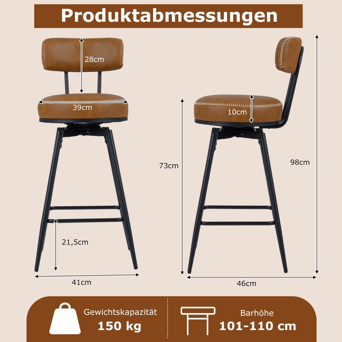 Swivel Bar Stools Set of 2, Faux Leather, Brown, 360 Rotation