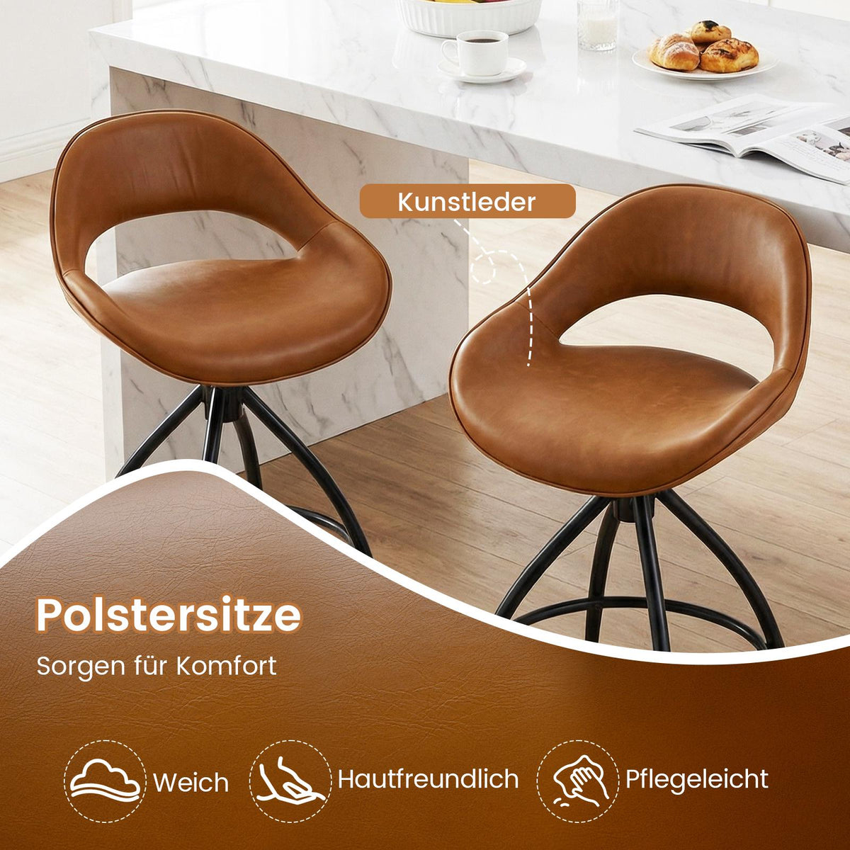 Swivel Bar Stools Set of 2, Padded Faux Leather, 360 Rotation