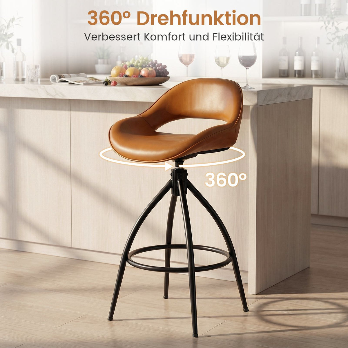 Swivel Bar Stools Set of 2, Padded Faux Leather, 360 Rotation