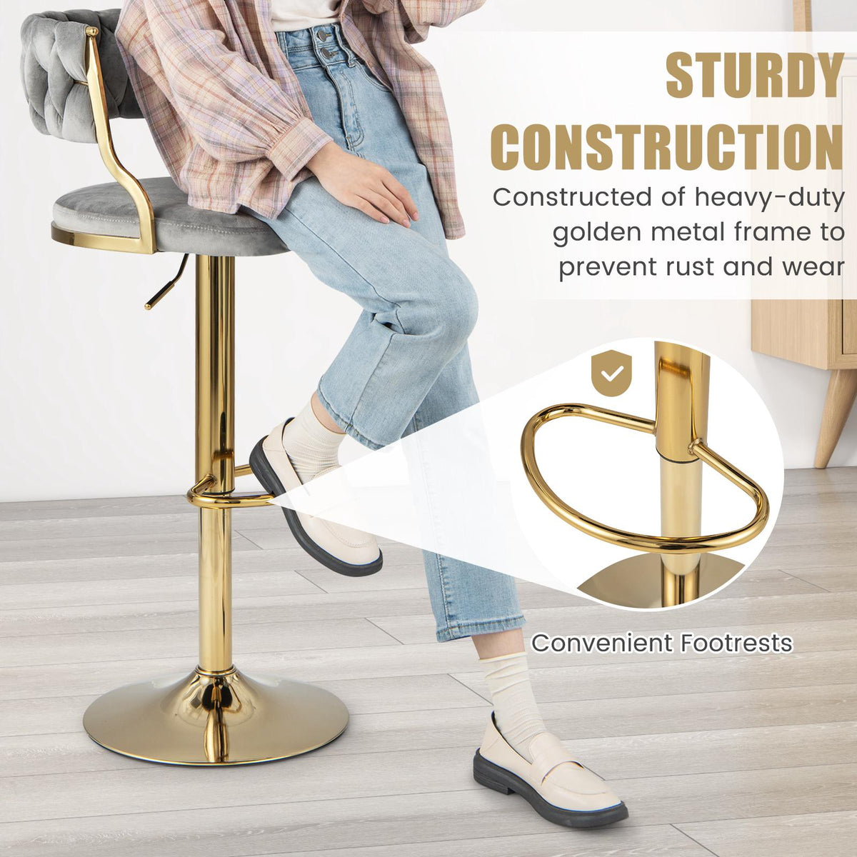 Swivel Bar Stools Set of 2, Woven Back, Gray Gold, 24-32 Inch