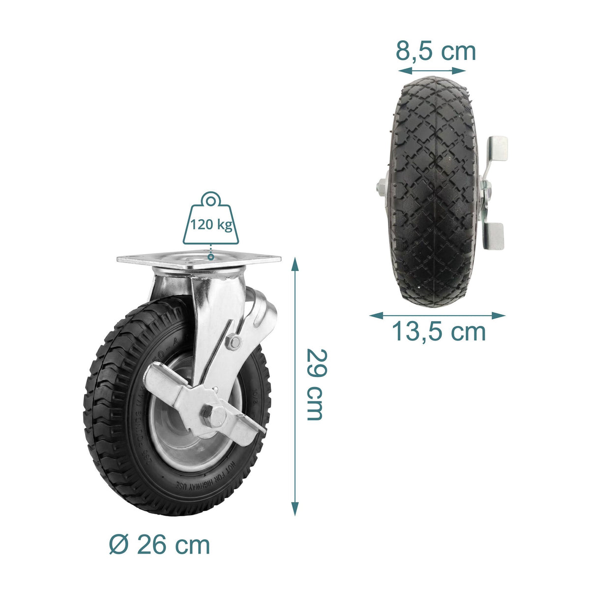 Swivel Castors with Brake, Pneumatic Tyres, Set of 2
