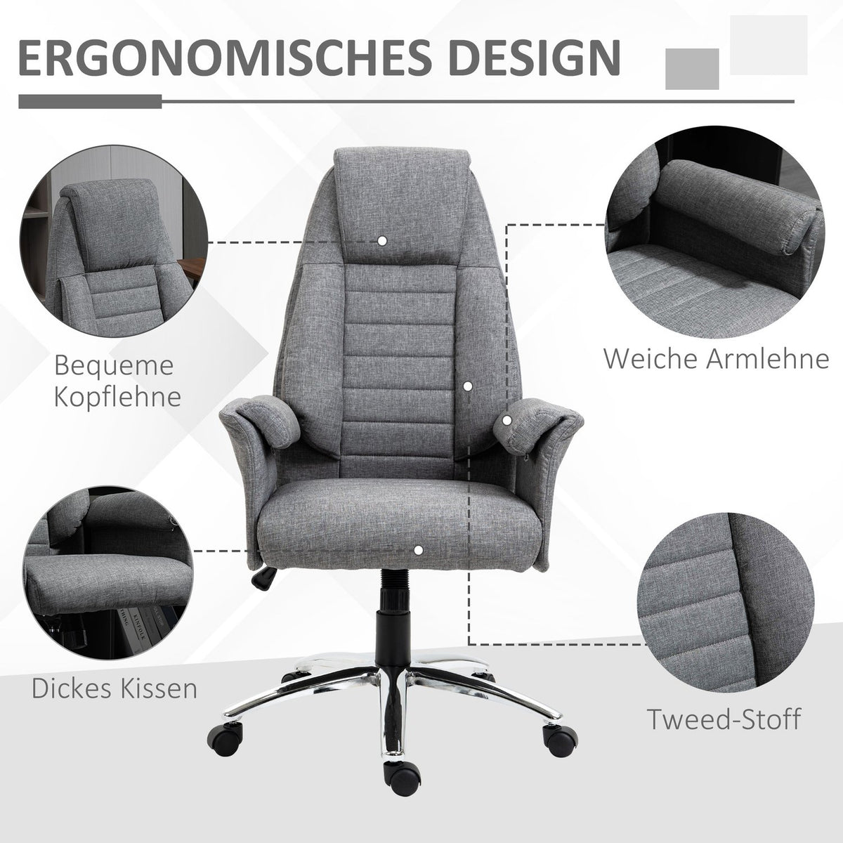 Swivel Chair Executive Chair Office Chair Desk Chair Height-Adjustable Fabric + Metal 68 X 69 X 116-126 Cm (Grey)