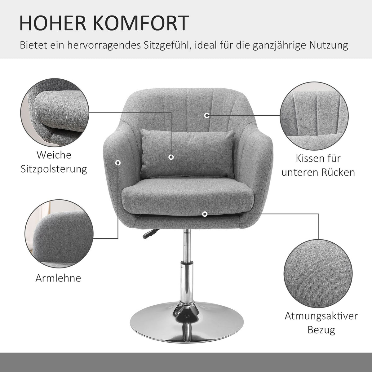 Swivel Chair, Height Adjustable Swivel Chair, Retro Accent Chair, Relax Chair with Back Cushion for Living Room, Linen, Gray