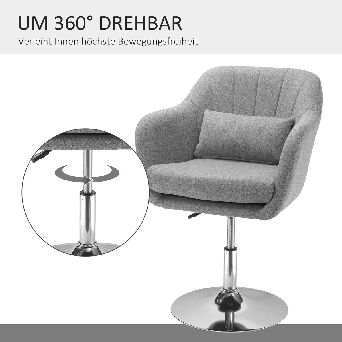 Swivel Chair, Height Adjustable Swivel Chair, Retro Accent Chair, Relax Chair with Back Cushion for Living Room, Linen, Gray