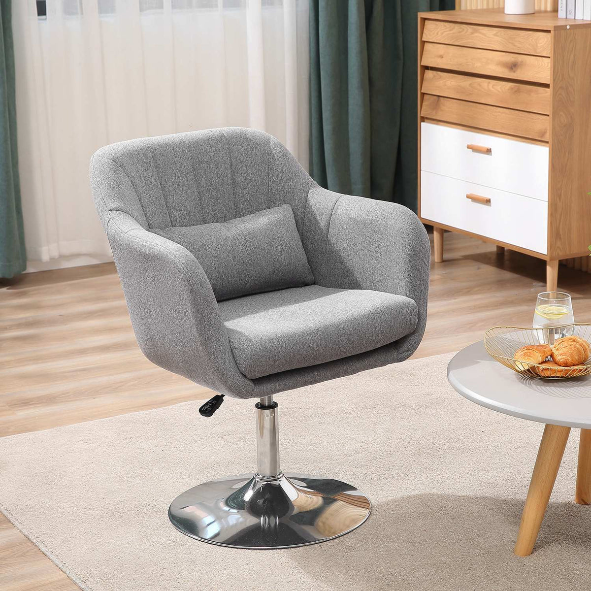 Swivel Chair, Height Adjustable Swivel Chair, Retro Accent Chair, Relax Chair with Back Cushion for Living Room, Linen, Gray