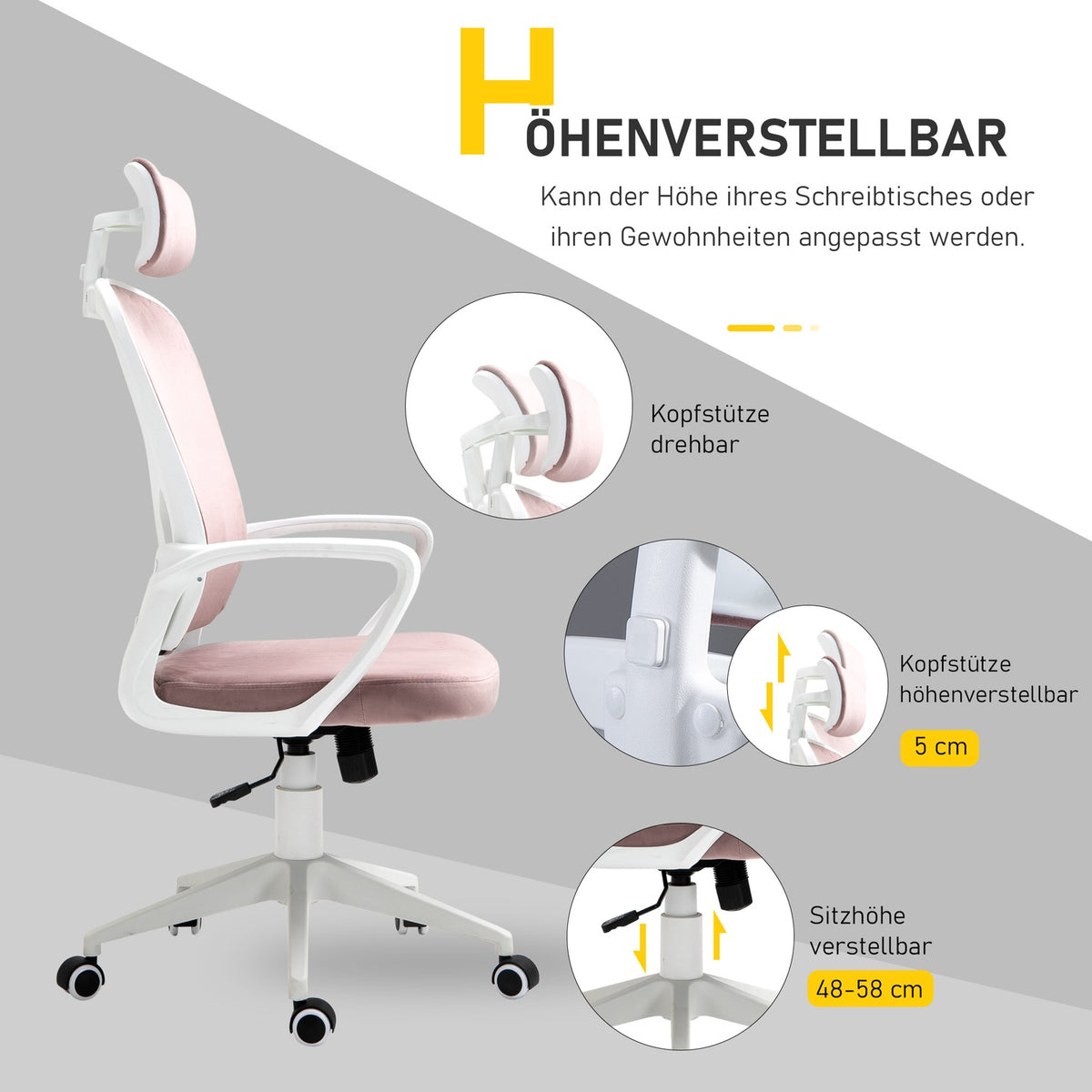 Swivel Chair Office Chair, Executive Chair, Ergonomic, Height Adjustable, Rocker Function, Armrest, Headrest, Pink, 63X64X118-128Cm