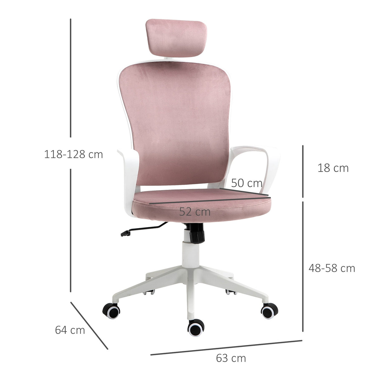 Swivel Chair Office Chair, Executive Chair, Ergonomic, Height Adjustable, Rocker Function, Armrest, Headrest, Pink, 63X64X118-128Cm