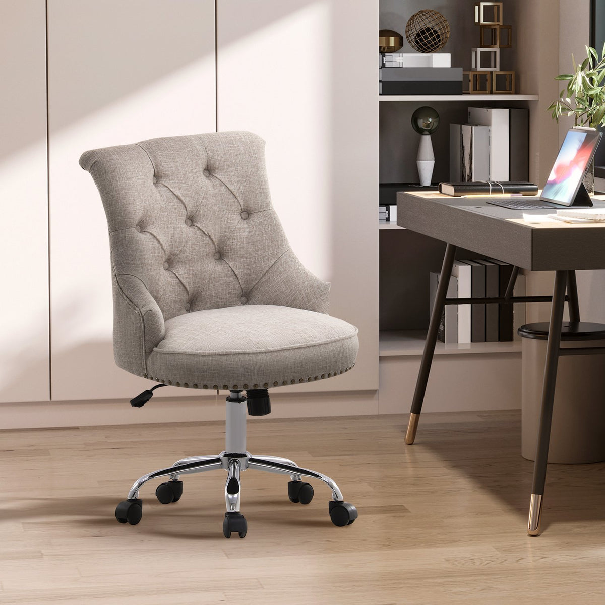 Swivel Chair, Upholstered Chair, Executive Chair With Wheels, 360° Rotatable, Height Adjustable, Linen, Metal, Light Gray, 54X65.5X(84-91)Cm
