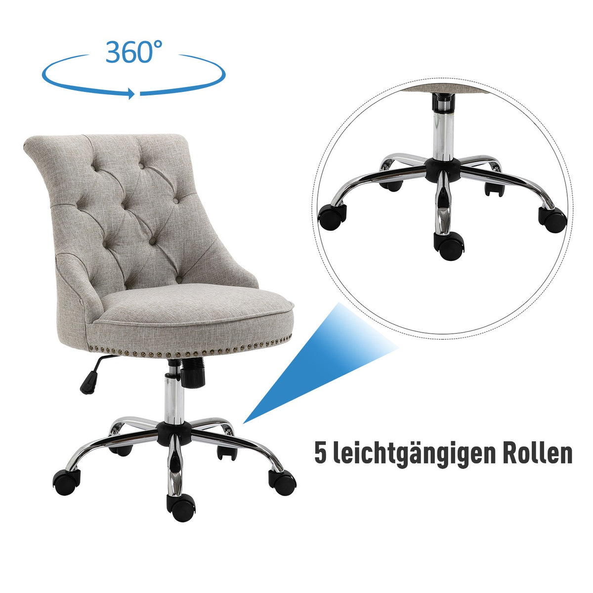 Swivel Chair, Upholstered Chair, Executive Chair With Wheels, 360° Rotatable, Height Adjustable, Linen, Metal, Light Gray, 54X65.5X(84-91)Cm