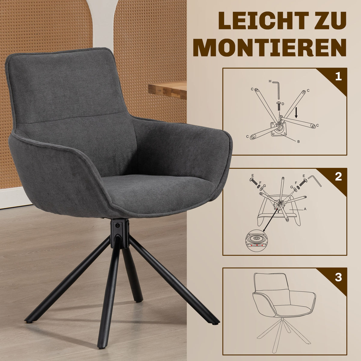 Swivel Dining Chairs Set of 2, Padded, Armrests, Dark Grey