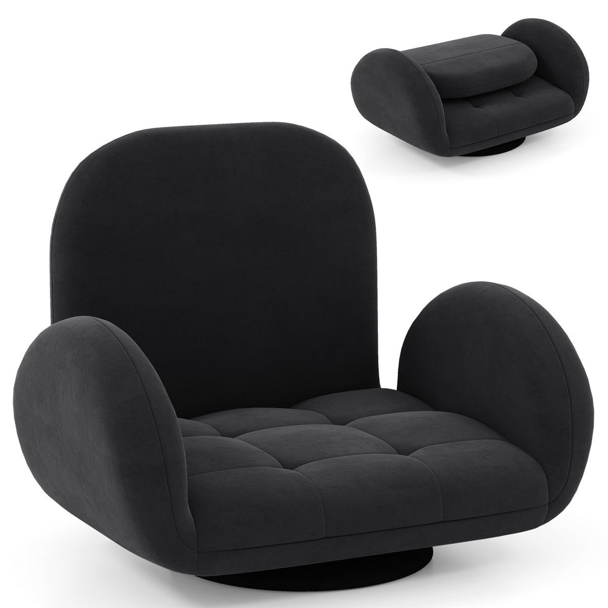 Swivel Floor Gaming Chair, Adjustable Backrest & Armrests, Black