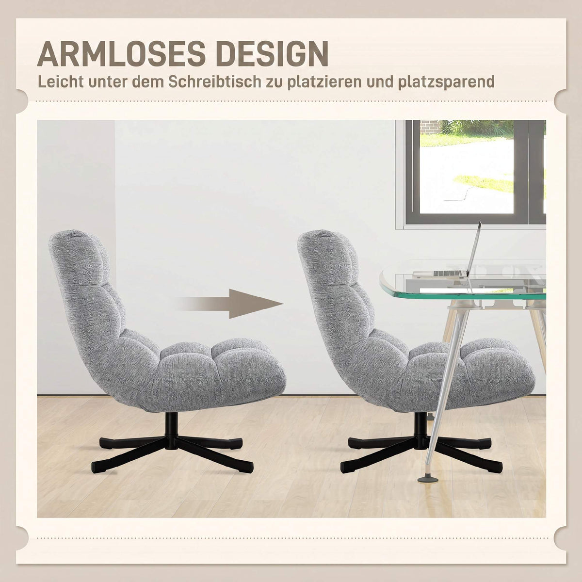 Swivel Lounge Chair, Armless Wide Seat, Gray Chenille