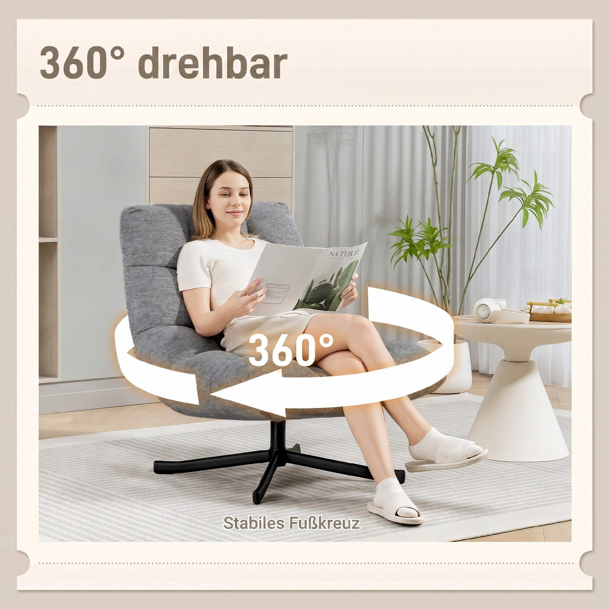 Swivel Lounge Chair, Armless Wide Seat, Gray Chenille
