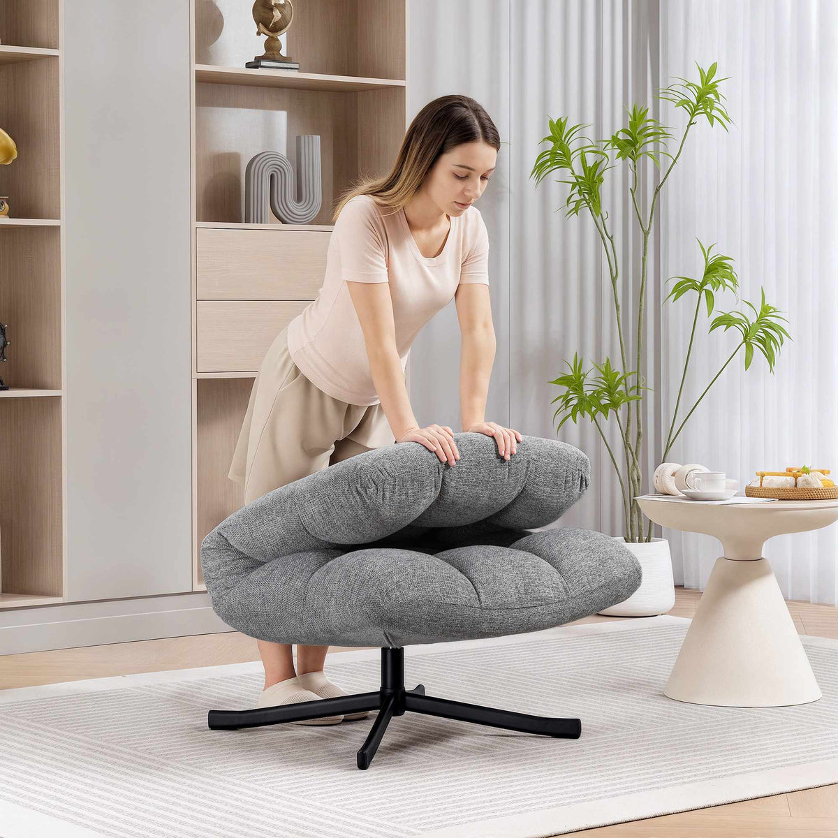 Swivel Lounge Chair, Armless Wide Seat, Gray Chenille