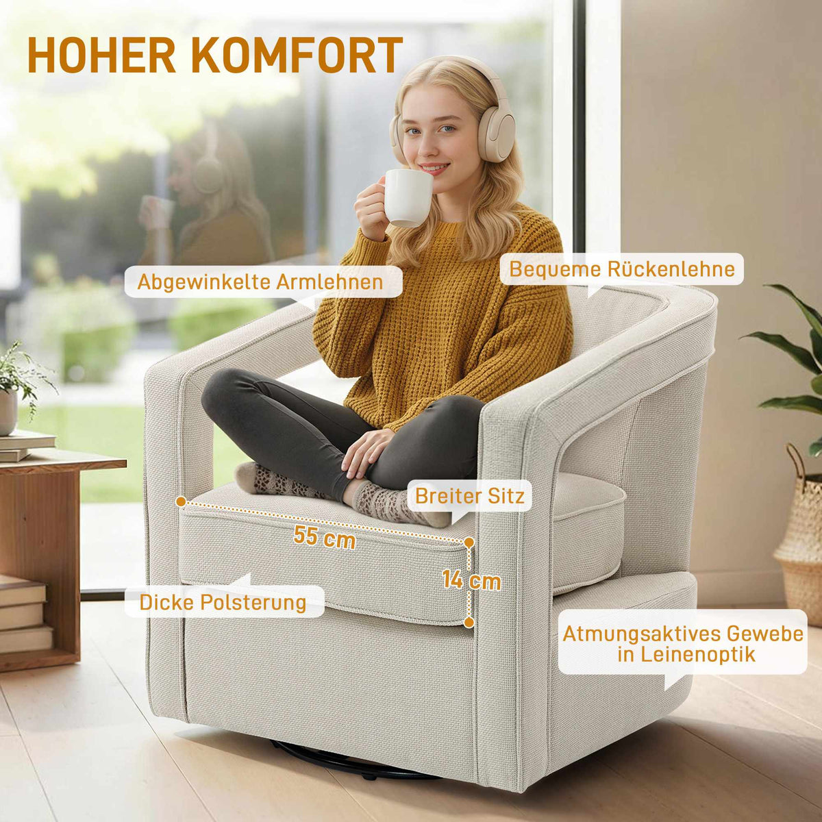 Swivel Lounge Chair, Beige, 360 Rotation, 77 x 75 x 72 cm