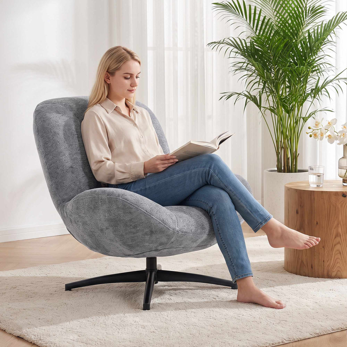 Swivel Lounge Chair, Dark Grey Chenille Fabric