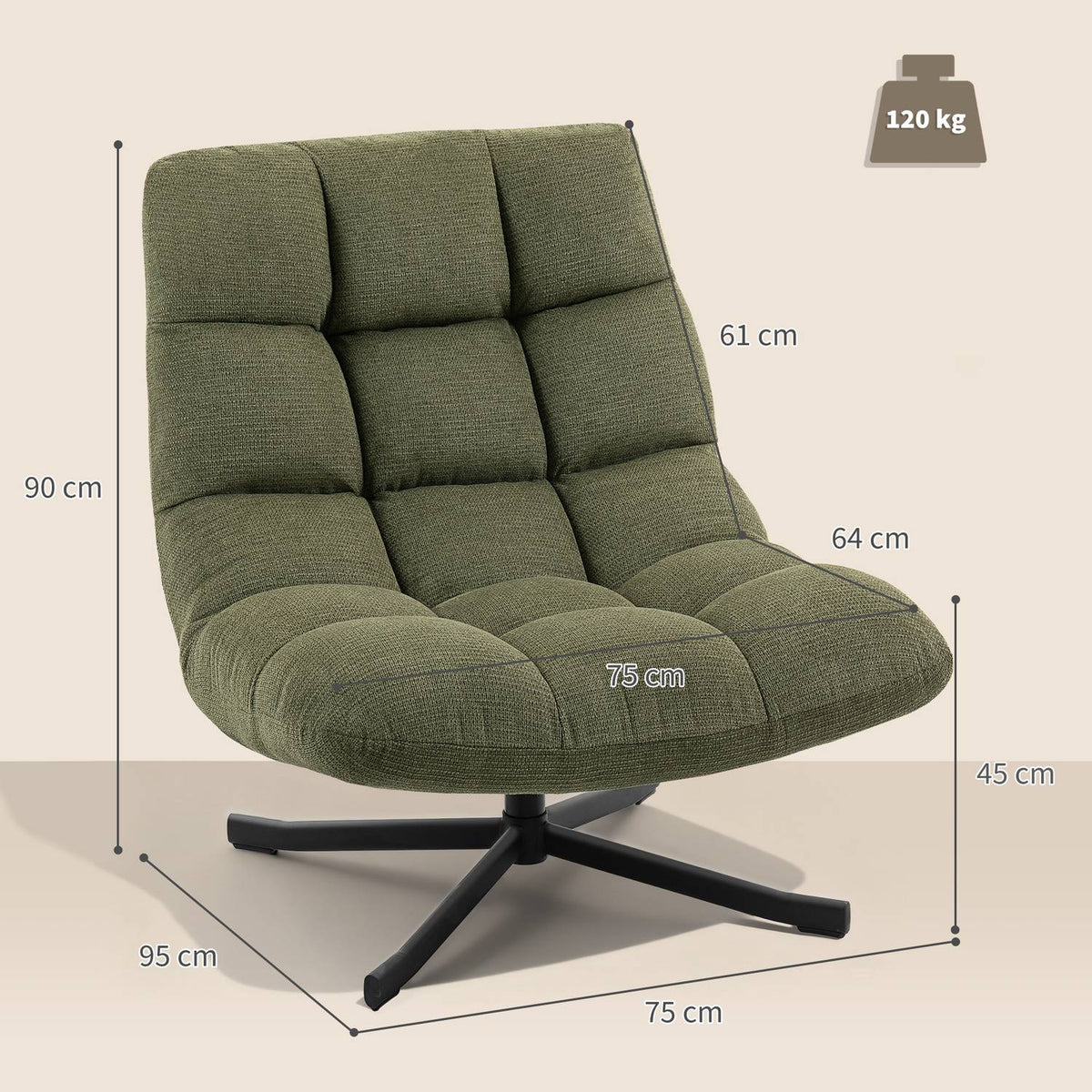 Swivel Lounge Chair, Wide Seat, Water-Resistant Chenille, Green