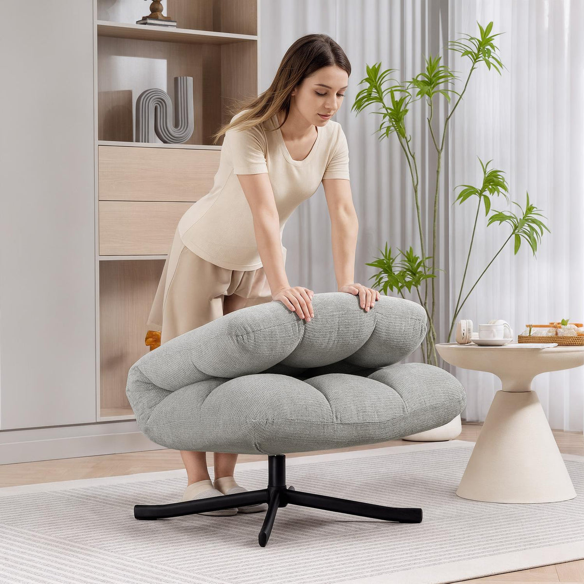 Swivel Lounge Chair, Wide Seat, Water-Resistant Chenille, Light Grey