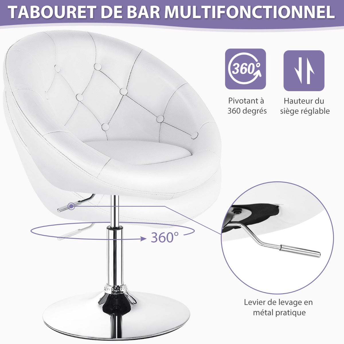 Swivel Makeup Chair, PU Leather, Chrome Base, White