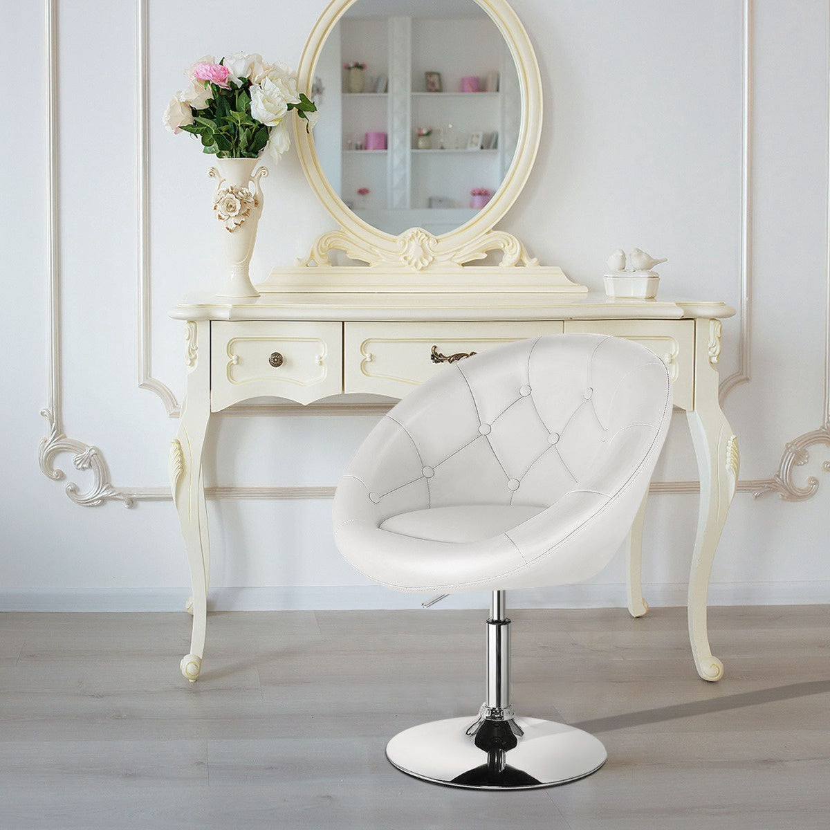 Swivel Makeup Chair, PU Leather, Chrome Base, White