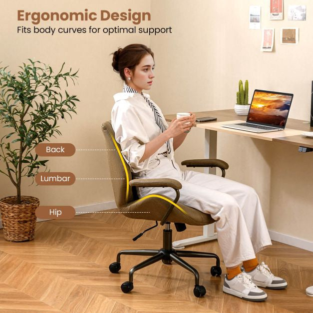 Swivel Office Chair, Suede Upholstery, Padded Arms, Olive