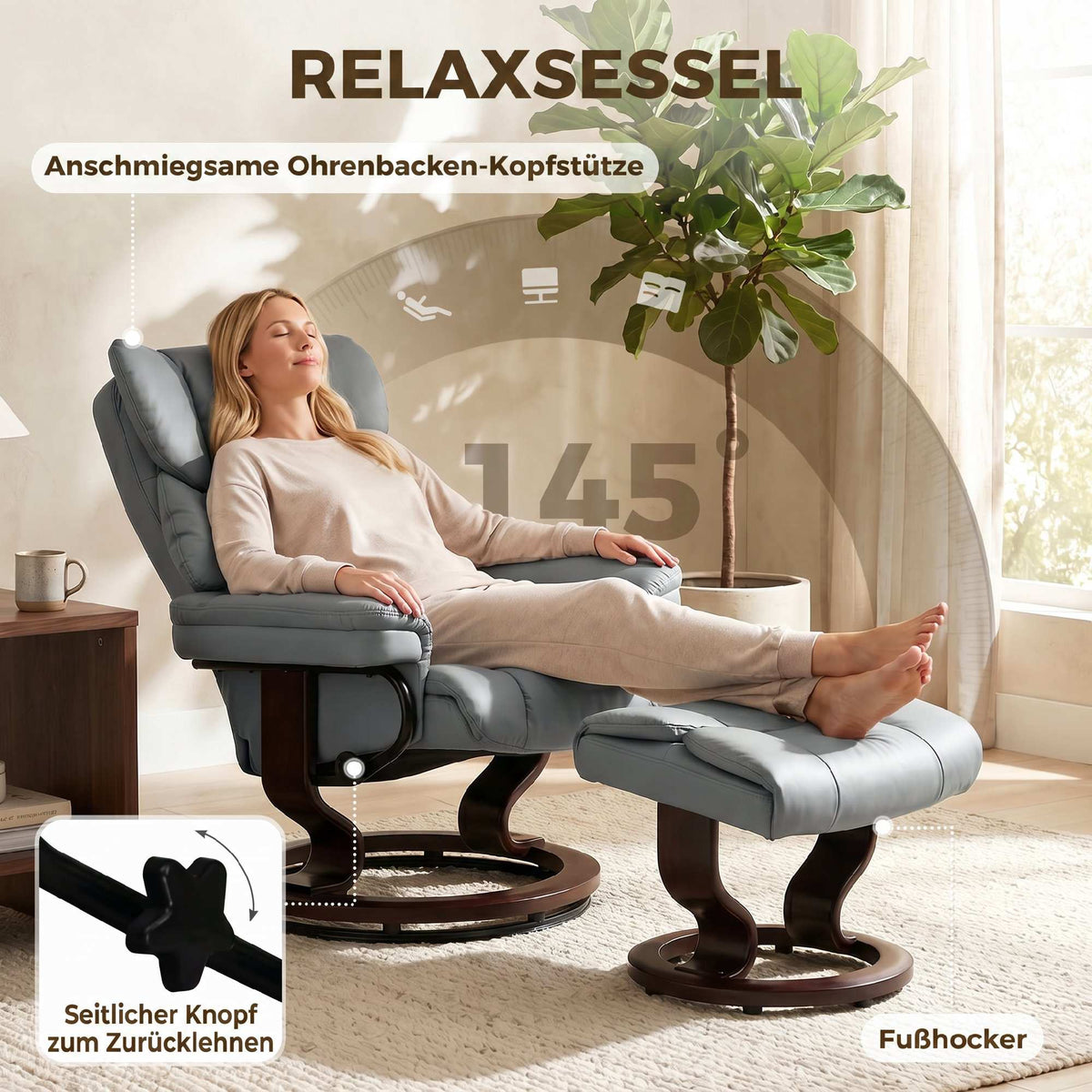 Swivel Recliner Chair with Ottoman, PU Leather, Light Gray