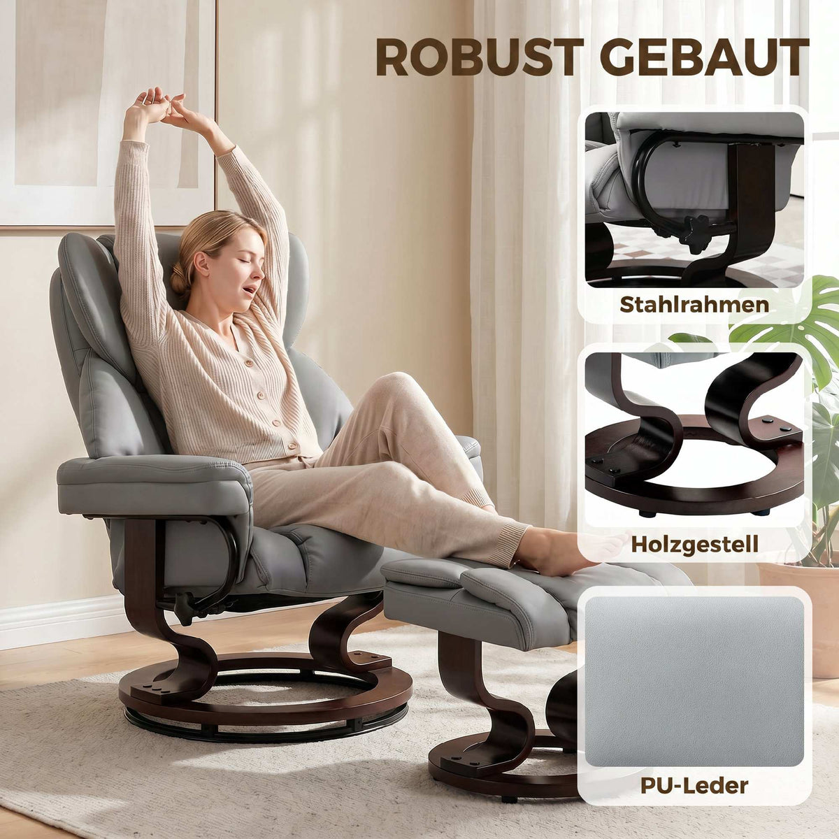 Swivel Recliner Chair with Ottoman, PU Leather, Light Gray
