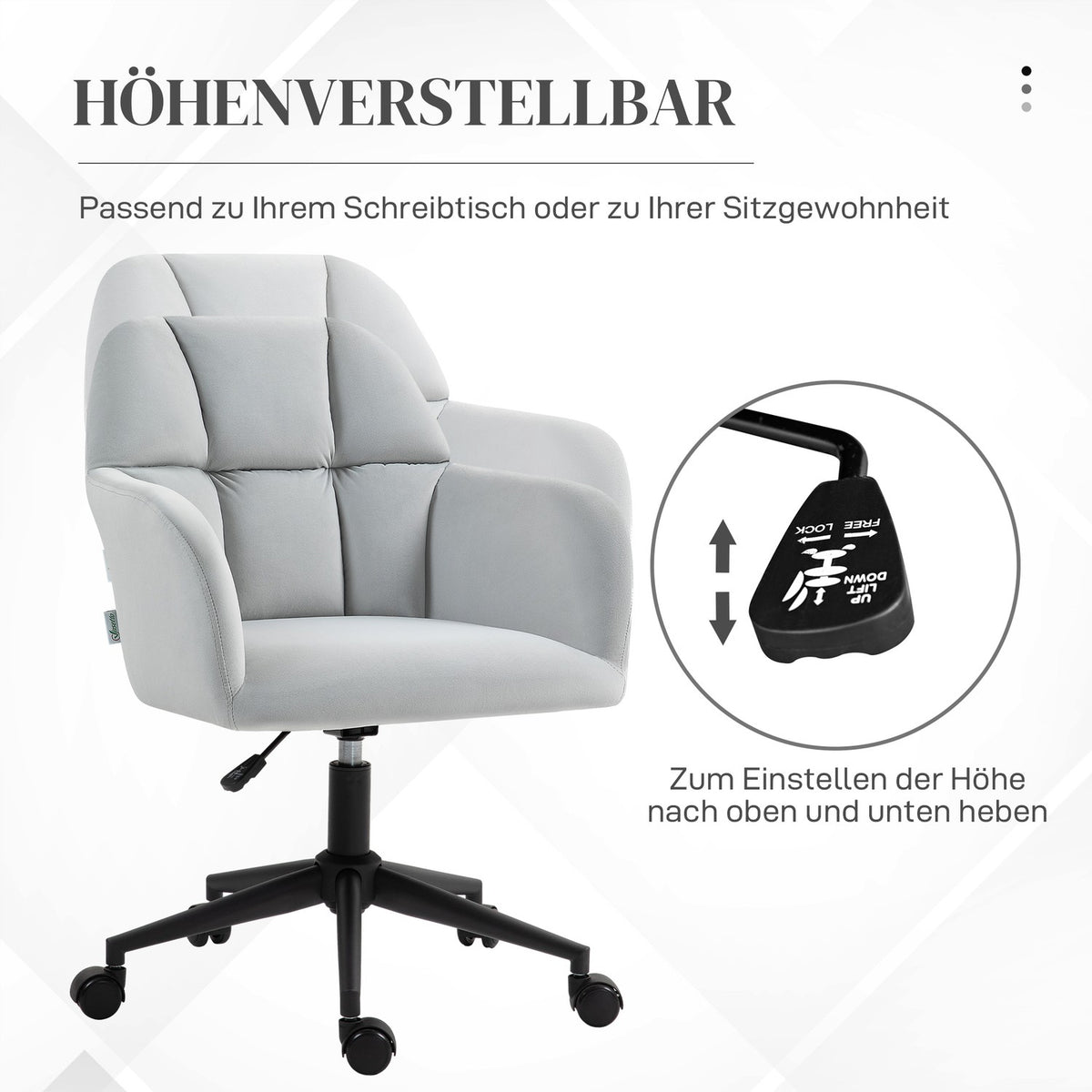 Swivel chair living room, height-adjustable modern office chair, desk chair with armrest, velvet look, up to 120kg, light gray