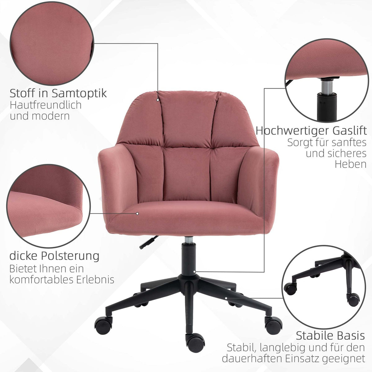 Swivel chair living room, modern office chair, height-adjustable desk chair with armrests, velvet look, up to 120kg, pink