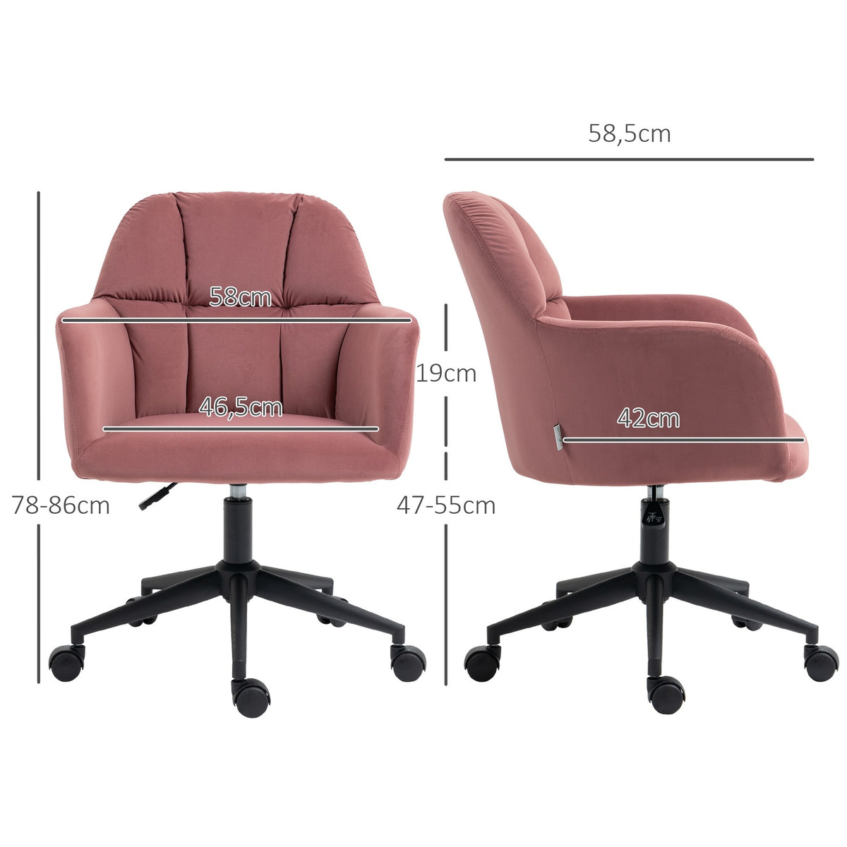 Swivel chair living room, modern office chair, height-adjustable desk chair with armrests, velvet look, up to 120kg, pink