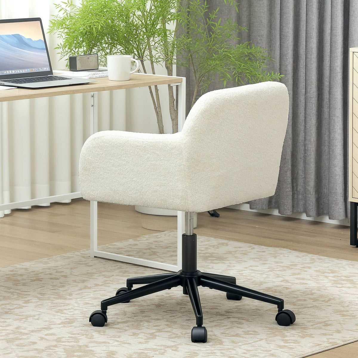 Swivel office chair with casters, desk chair, fleece fabric, foam, height-adjustable, home office, cream white