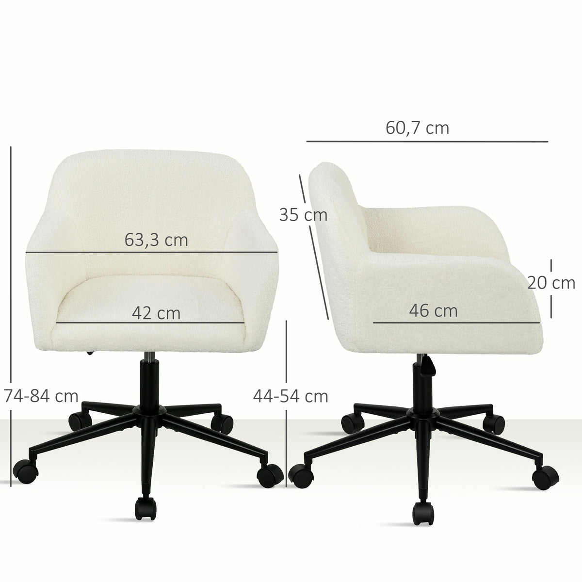 Swivel office chair with casters, desk chair, fleece fabric, foam, height-adjustable, home office, cream white
